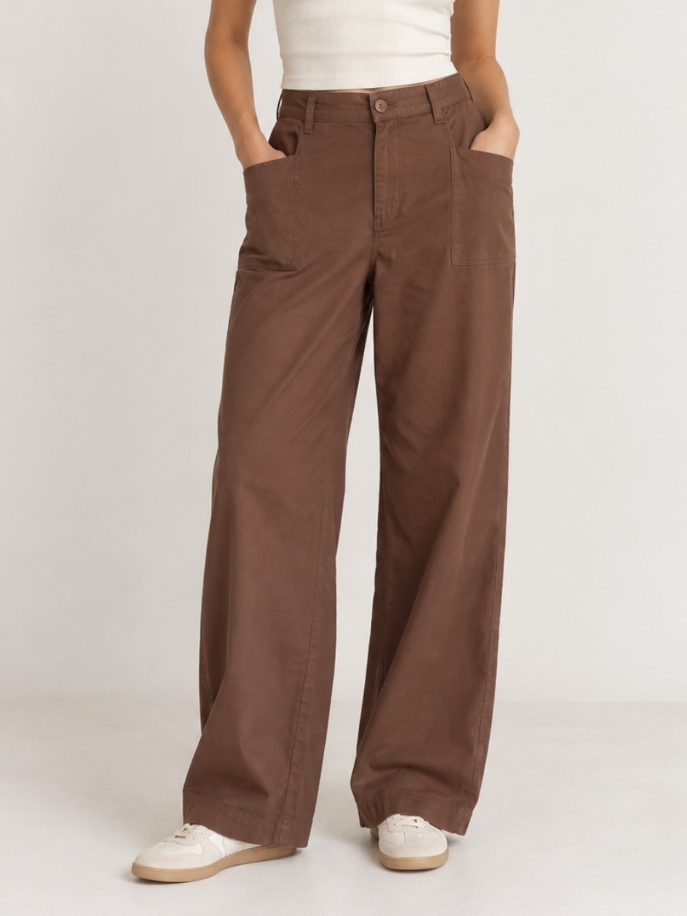 Pact Organic Stretch Cotton High Rise Relaxed Wide Leg Twill Trouser Brown XL